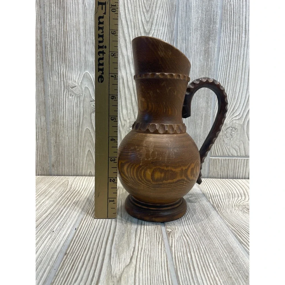 Dobin Brienz Hand Carved Wooden Pitcher Vintage Swiss Folk Art Wood Vase 10in